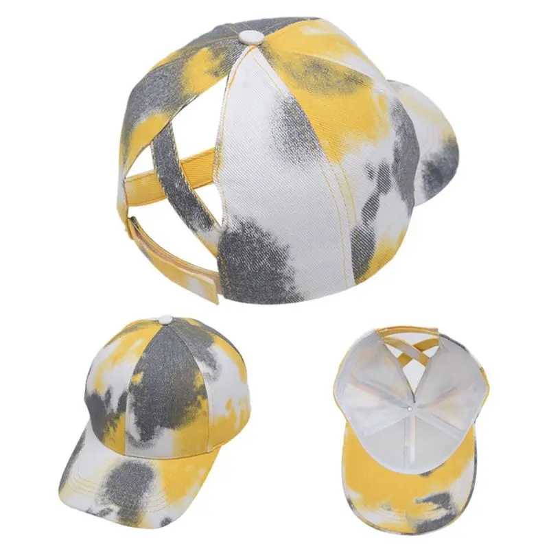 

Women Contrast Color Tie-Dye Baseball Cap Hollow Out Criss Cross Ponytail Hole Messy Bun Sun Visor Adjustable Dad Hat U4LE