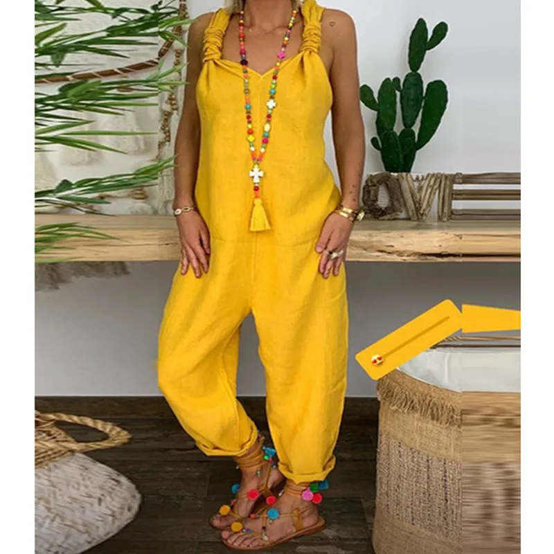 2021 Women Casual Solid Strappy Dungarees Vintage Cotton Linen Loose Rompers Party Long Harem Overalls Jumpsuits |