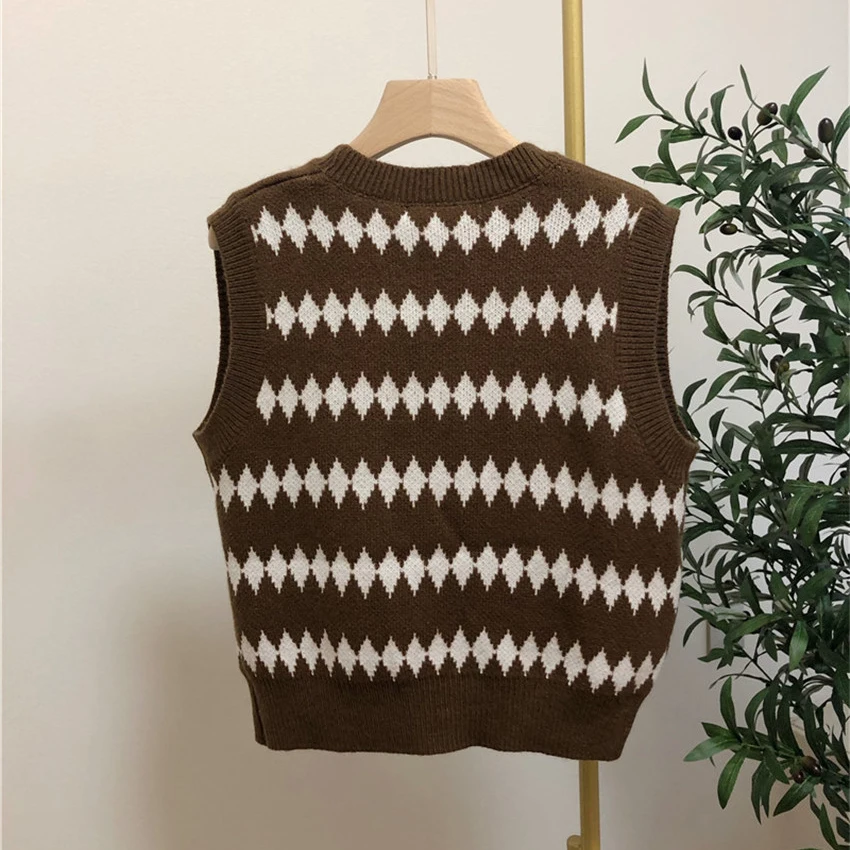 

Preppy Style Vintage Argyle Plaid Sweater Vest Women Casual Waistcoat Sleeveless Crop Top Korean Fashion Loose Vests Female