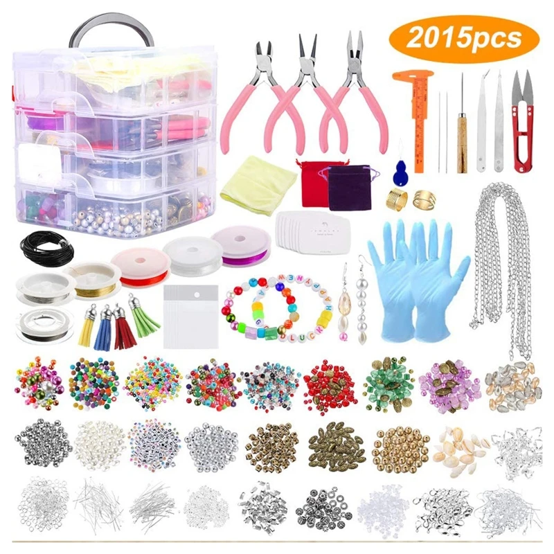 

2015 Pieces DIY Necklace Bracelet Jewelry Making Supplies Kit with Assorted Beads Charms Findings Wire Cord Pliers