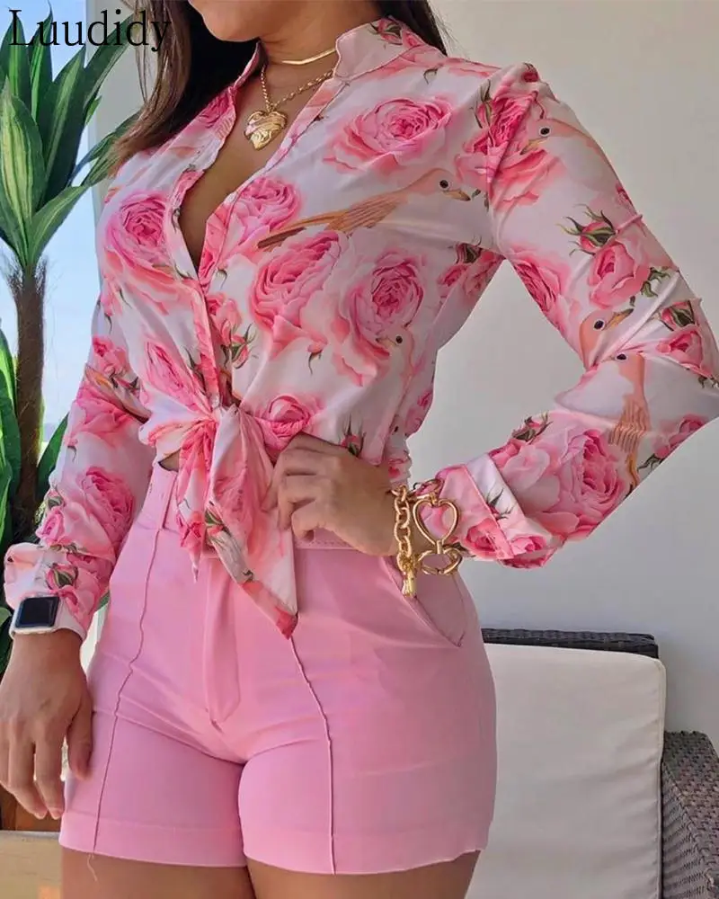 

Women Floral Print Turn-down Collar Long Sleeve Tie Front Causal Top Shirt And Blouse