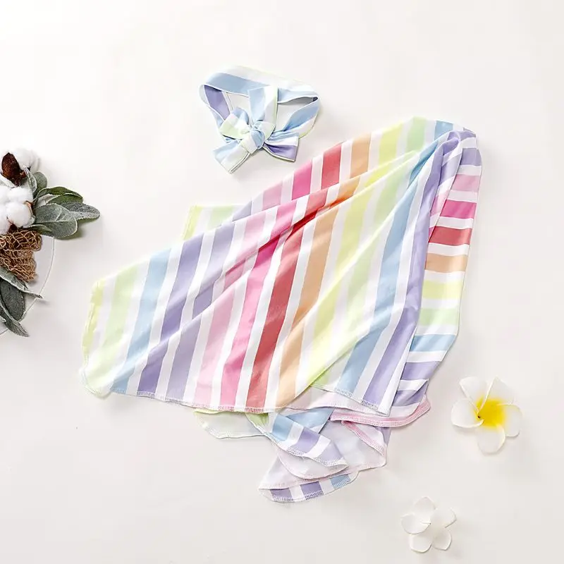

2 Pcs/set Colorful Stripes Newborn Baby Girls Boys Swaddle Infants Wrap Cloth Blanket Headband Set