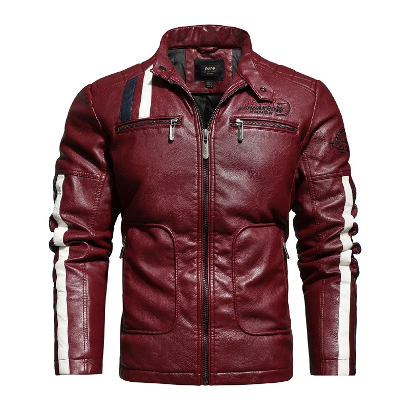 

New Motorcycle Leather Jacket Men Windbreaker Biker Faux Leather Jackets Male Embroidery Stripe Patchwork PU Leather Coats M-4XL