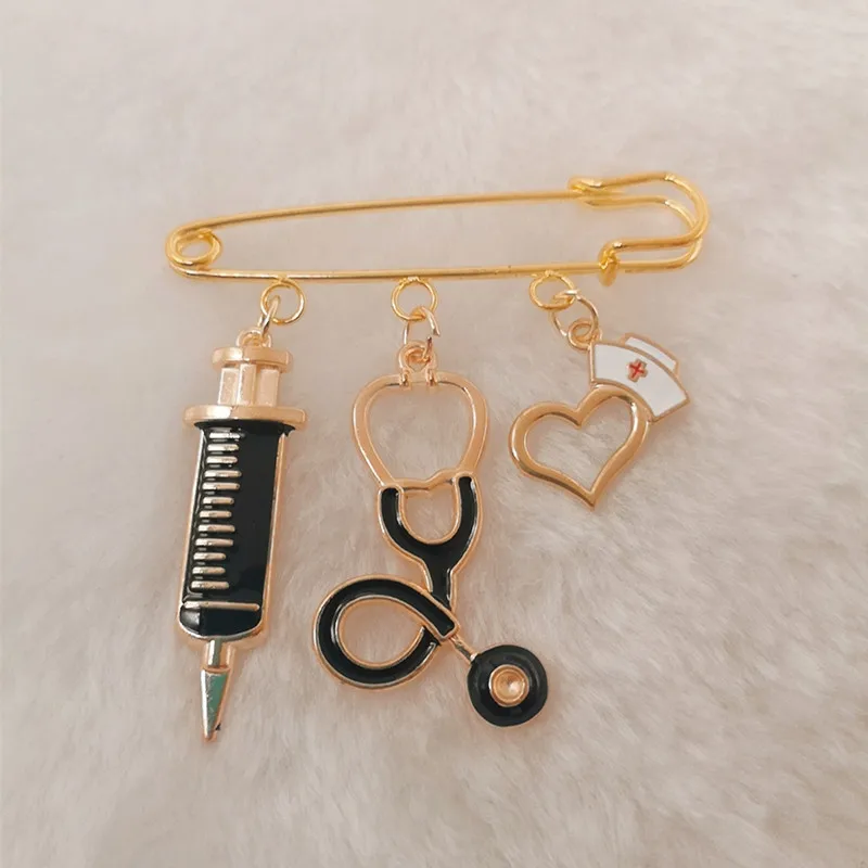 Для мужчин и wo использования Золотой эмаль шприц брошь в виде стетоскопа