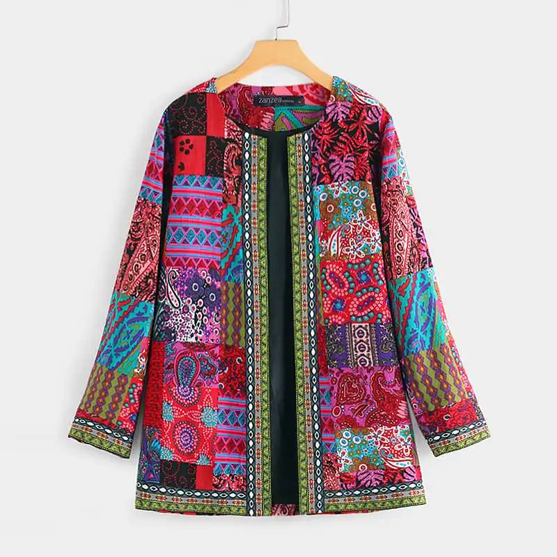 Красный ZANZEA, этнический кардиган с принтом, тонкое пальто, длинный рукав, Blusas, женские куртки,, повседневное, с круглым вырезом, с открытым швом, пальто размера плюс - Цвет: Красный