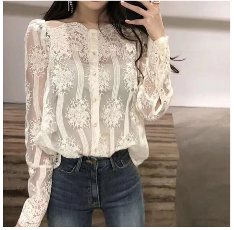 Блузка женская кружевная с открытыми плечами и длинным рукавом | Женская одежда