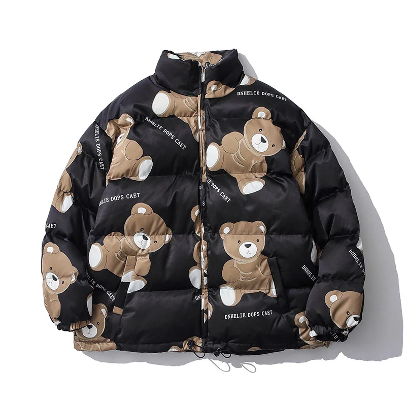 

Winter Down Jacket Cartoon Bears Printed Coat Men Women Streetwear Hip Hop Padded Puffer Jacket Oversized Warm Parka Couple