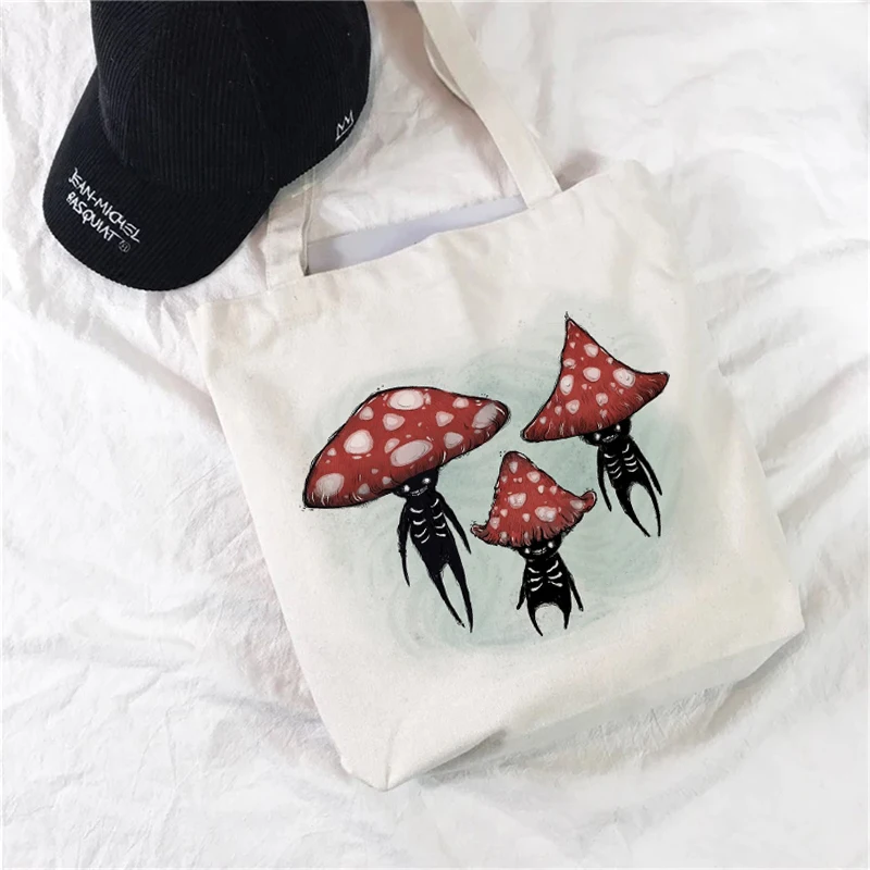 

Fashion Cute Mushroom Pattern Printed Women's Canvas Bag Foldable Shopping Tote Bag Student Simple Eco-friendly Shopping Bag Tot