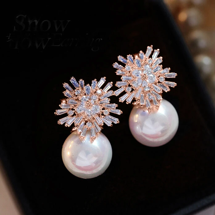 Rose Gold Color Роскошные квадратные австрийские серьги с цирконием кубической огранки для женщин, модная Имитация Жемчуга, снежный цветок, свадебные ювелирные изделия для девушек CEP075E - Окраска металла: Rose Gold Color