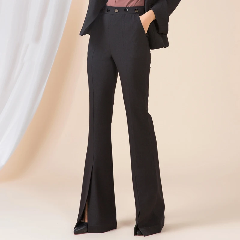 brand hot sale autumn winter flared pants women high waist plus large size slit black suit trousers long lengthen for tall women free global shipping