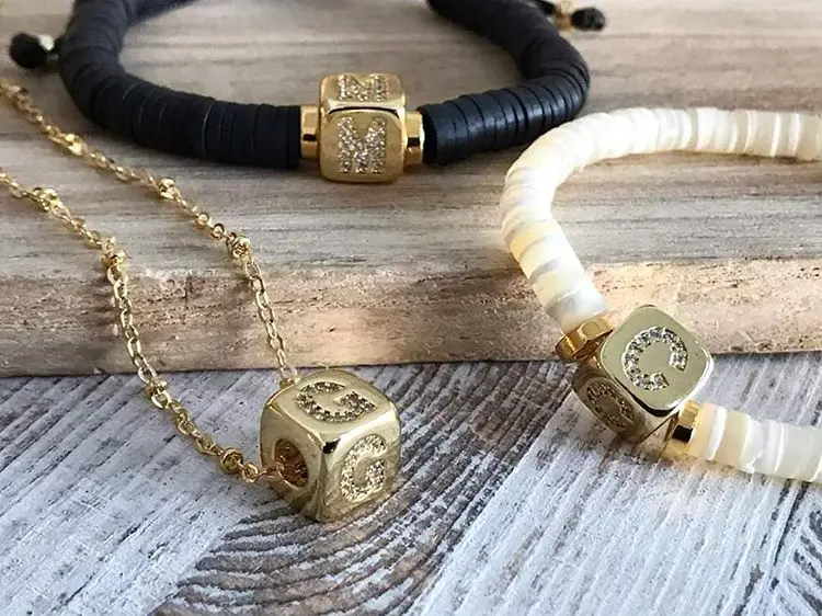 

5Pcs ZC Micro Letter Paved Cube Copper Beads 8mm Polymer Clay Disc Heishi Beads Cord Knotted Adjustable Bracelet Bohemia Jewelry