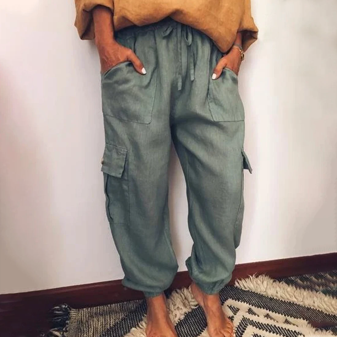 

Littlerossa Women Harem Pants 2020 New Summer Autumn Wide Leg Sweatpants Drawstring Pockets Solid Cotton-Blend Vintage Pants