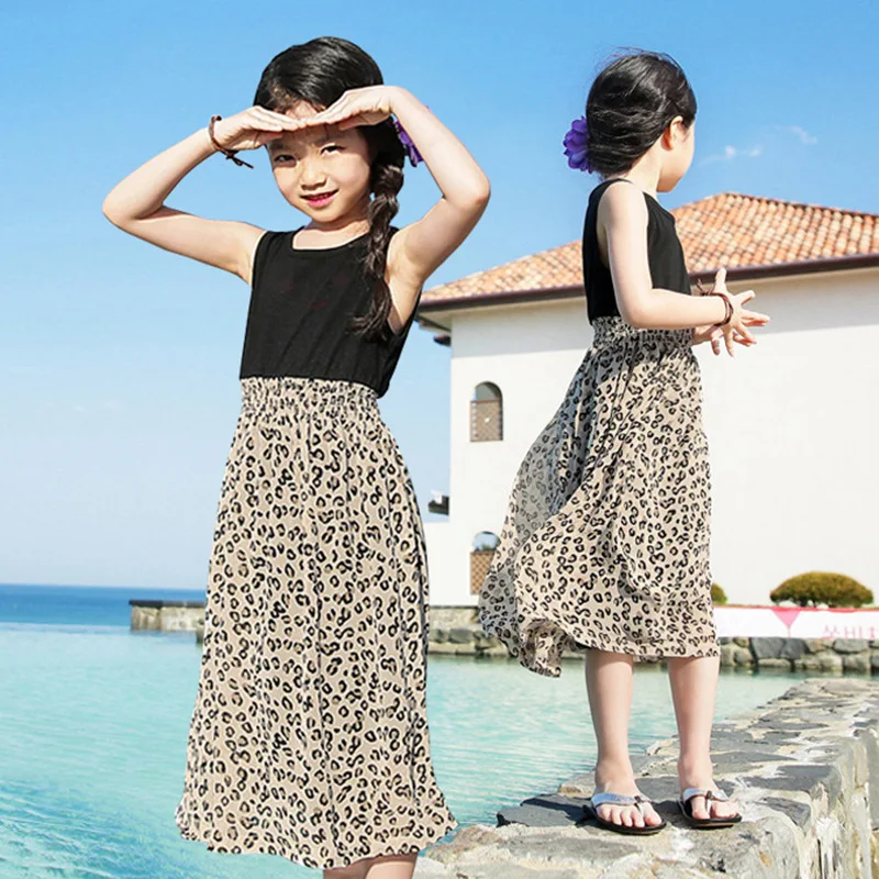 

Girls Summer Beach Chiffon Dress Clothes Mom & Daughter Leopard Patchwork Holiday Dresses Ankle Long Kids Party Dress 4-17 Y