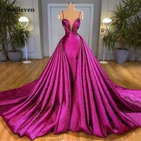 smileven shiny hot pink mermaid formal evening dress spaghetti strap longo prom dresses with train new arrival celebrity dresses