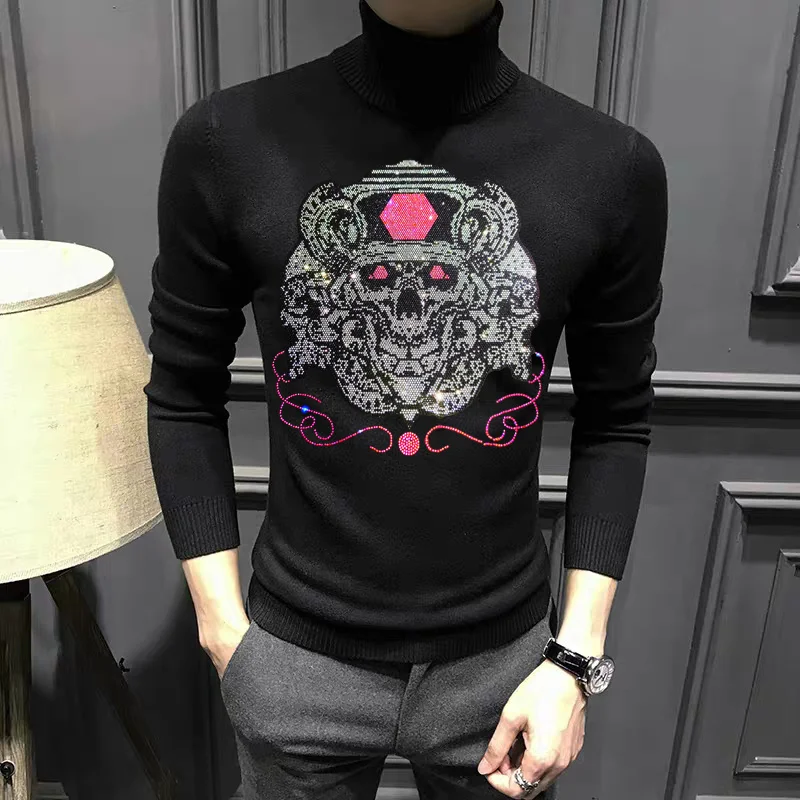 

Domineering Brand Turtleneck Men's Sweater Cashmere Sweatshirt Hot Drilling Skull Slim Fit Pullover Top Quality