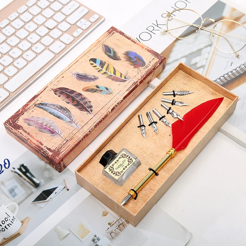 1 Set Of English Calligraphy Feather Dip Pen 6 Nib Writing Stationery Gift Box Student | Канцтовары для офиса и дома