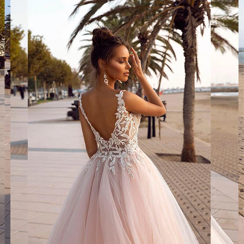 

2021 New Lace Applique V-Neck Backless Beads Tulle A-Line Wedding Dresses 2020 Bridal Gowns Vestido De Noiva For Women Brides