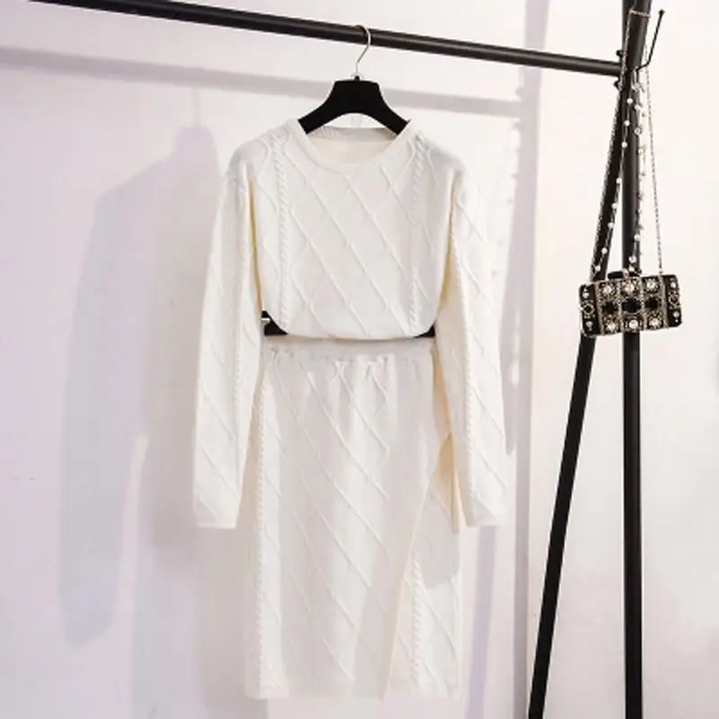 Вязаный комплект из 2 предметов Женский пуловер свитер и вязаные юбки облегающий