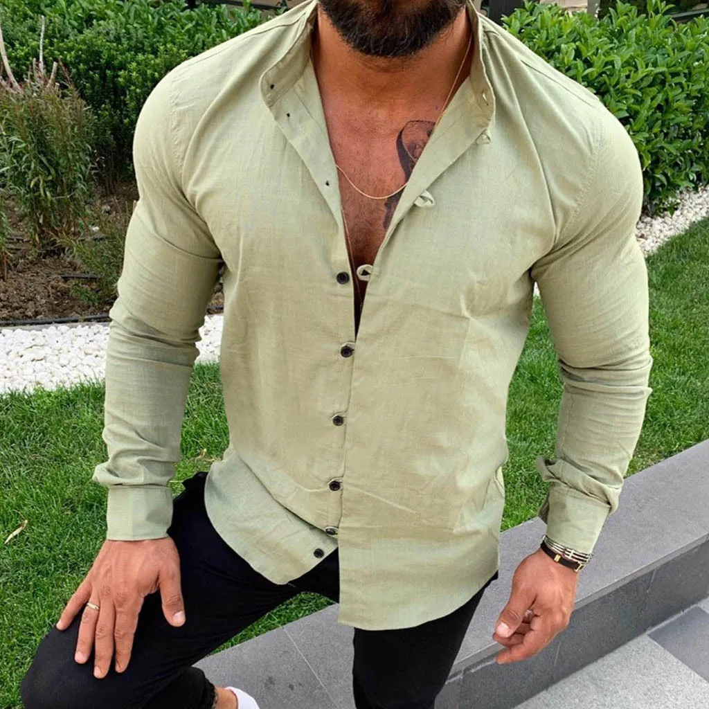

European And American Men's Shirts Spring And Summer Long-Sleeved Linen Buttons Trend Solid Color Plus Size Shirt M-3XL