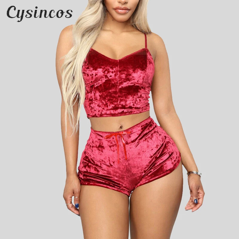 CYSINCOS сексуальный Бархатный комплект из 2 предметов укороченный топ на бретелях