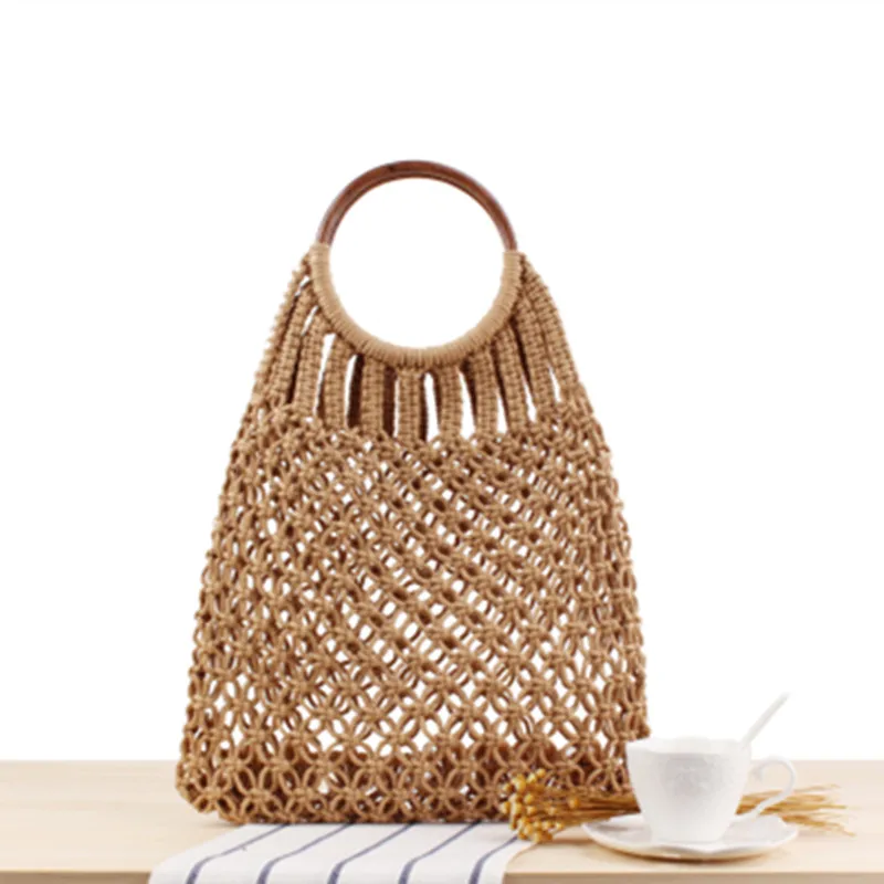 

Solid Color Woven Handmade Cotton String Beach Straw Bag Net Pocket Vacation Summer Handbag