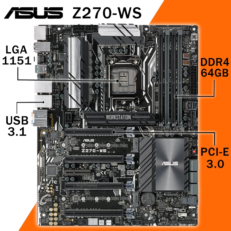 

Материнская плата для рабочей станции Asus LGA 1151, Core i7/i5/i3 DDR4 3866 МГц PCI-E 3,0 U.2 M.2 HIFI Intel Z270, б/у