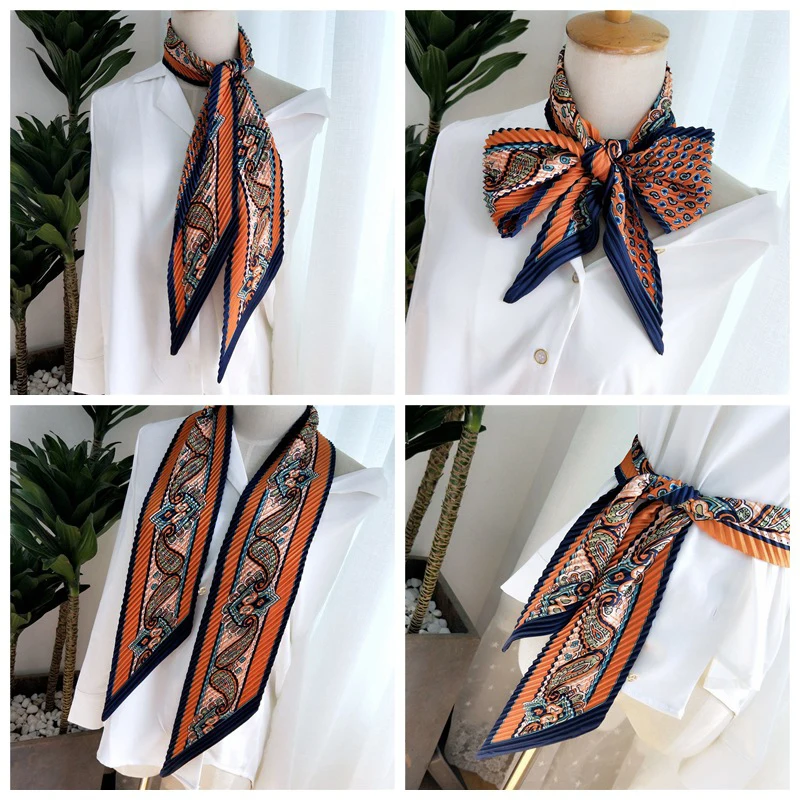 Женский плиссированный шарф длинный тонкий шелковый с винтажным принтом