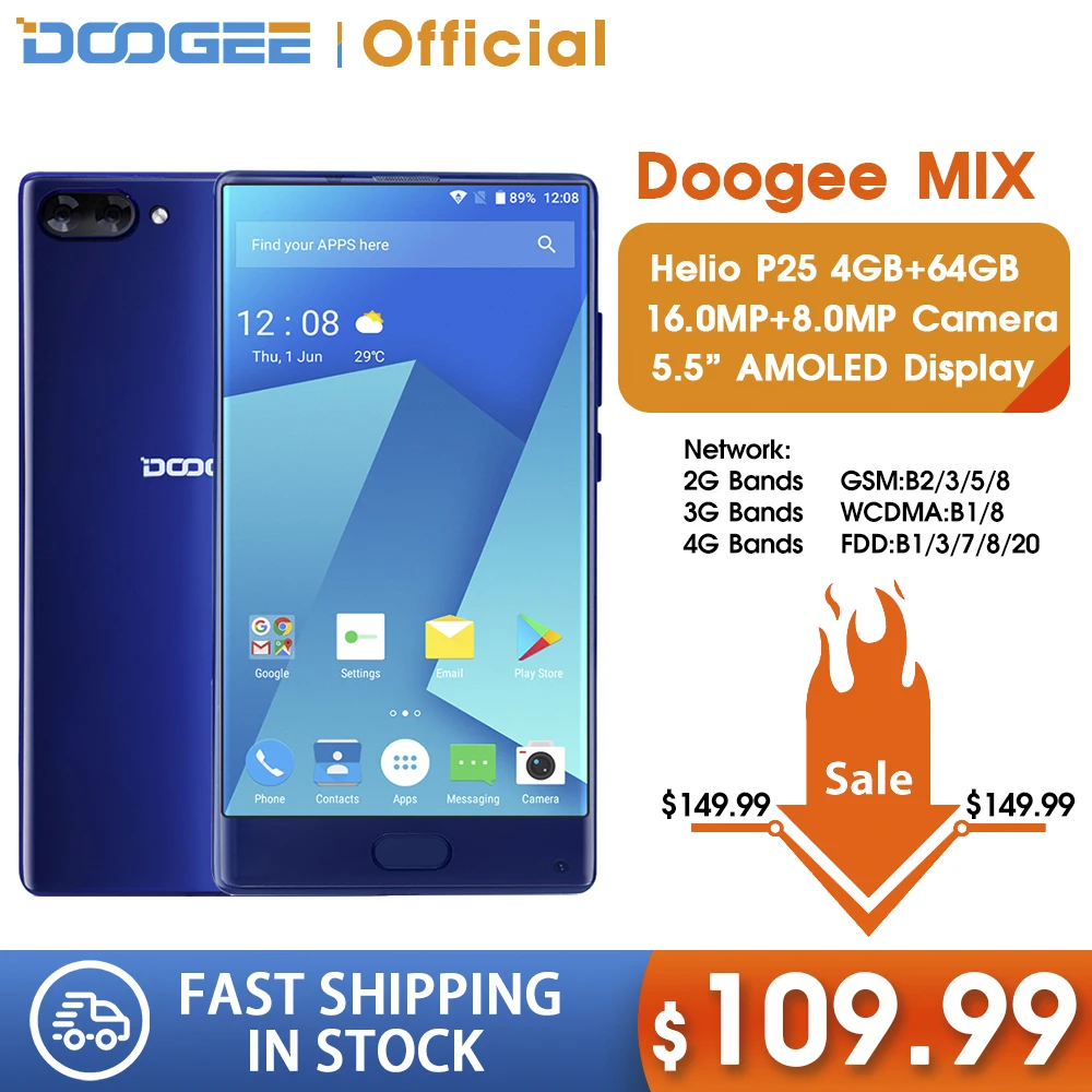 DOOGEE MIX 4 Гб + 64 Безель смартфон Двойная камера 5 ''AMOLED MTK Helio P25 Восьмиядерный
