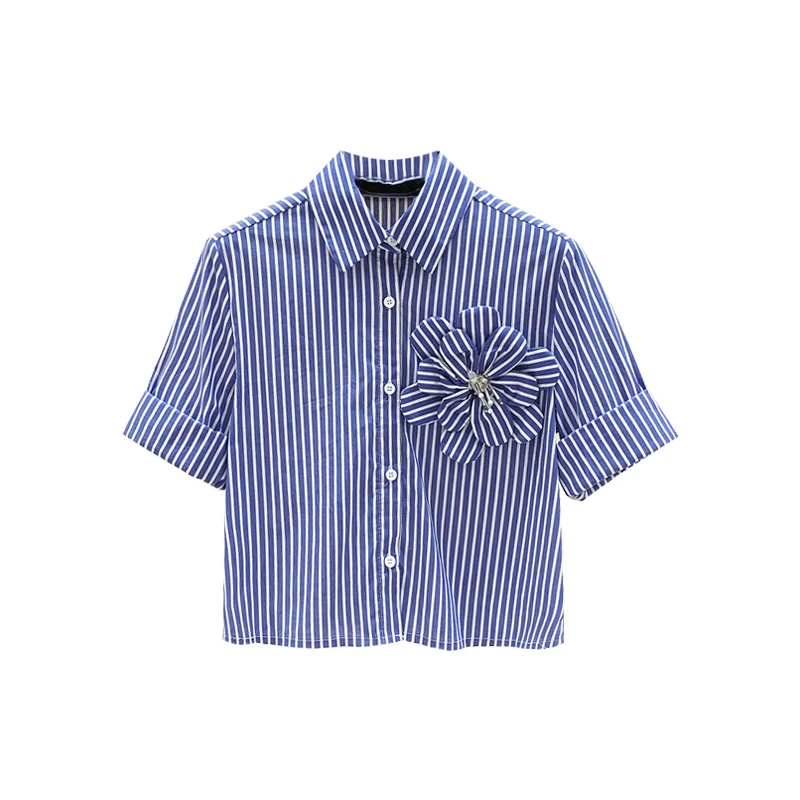 

Three-dimensional Flowers Striped Short Sleeve Shirt Women's 2020 Summer Loose Short Top Female Lady All-match Cropped Shirt