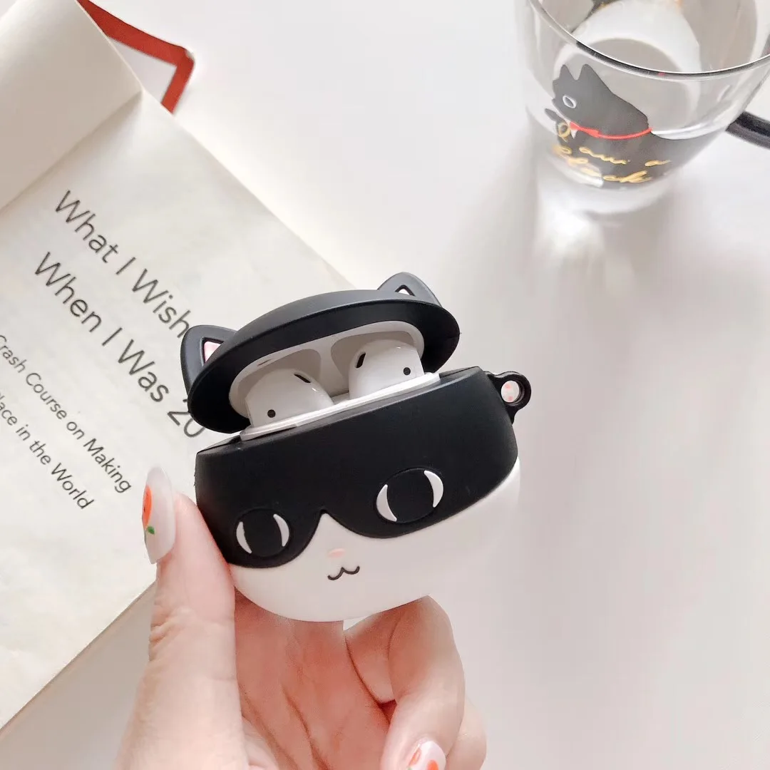 Для AirPods чехол трехмерный маленький черный наушники в форме кота чехол для Apple Airpods 2 Забавный защитный чехол с крючок карабина