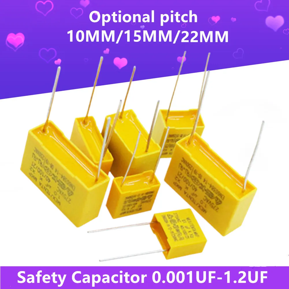 

10Pcs 275VC Safety Capacitor X2 Full Series 0.001UF~1.2UF Polypropylene Film Capacitor Pitch 10/15/22MM Multi Specifications