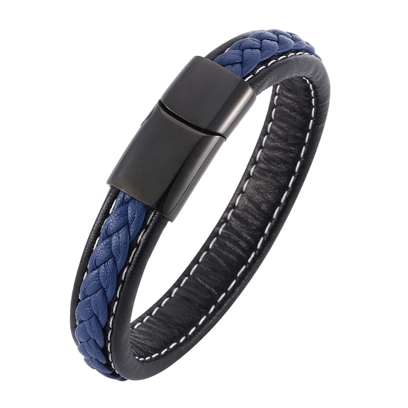 Модные мужские ювелирные изделия синий черный плетеный кожаный браслет веревка