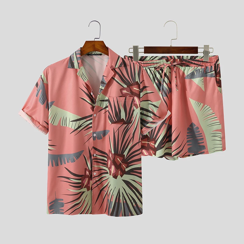 

Men Hawaiian Sets Printing 2021 Summer Short Sleeve Button Shirt Beach Shorts Streetwear Casual Mens Suit 2 Pieces S-3XL Shirts