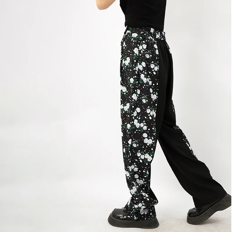 

SHENGPALAE Fashion Green Floral Trousers Women's Summer 2021 New High Waist Straight Loose Spilced Black Casual Pants Female