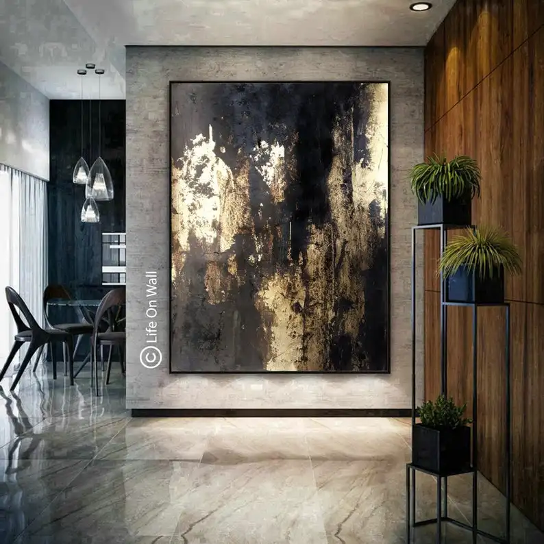 

Oversize original abstract art gray black gold foil, vertical abstract painting,living room abstract art, bedroom abstract huge