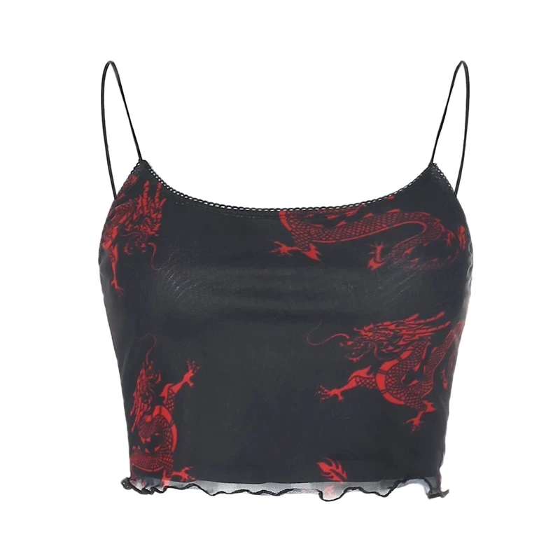 

Dragon Print Mesh Sexy Crop Top Black Backless Sleeveless Cami Spaghetti Strap Tops Tees Women Summer Streetwear Nice