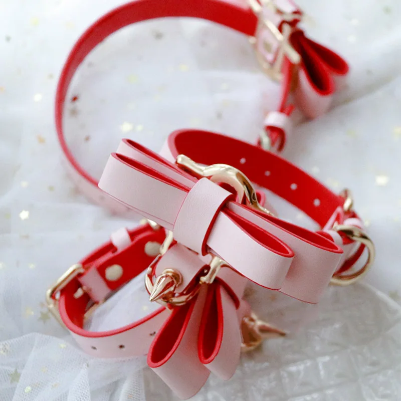 Кожаный ошейник для собак с бантом и заклепками поводок крыльями ангела кошек