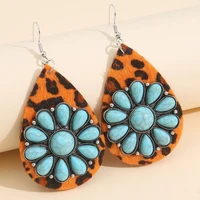 wholesale big water drop leopard leather earrings tribal jewelry teardrop natural turquoises blue stone earrings for women girl