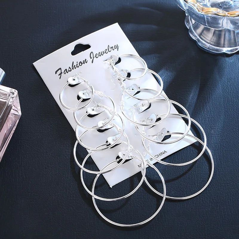 6 пар круглые/круглые большие серьги кольца для женщин Серебряный цвет набор
