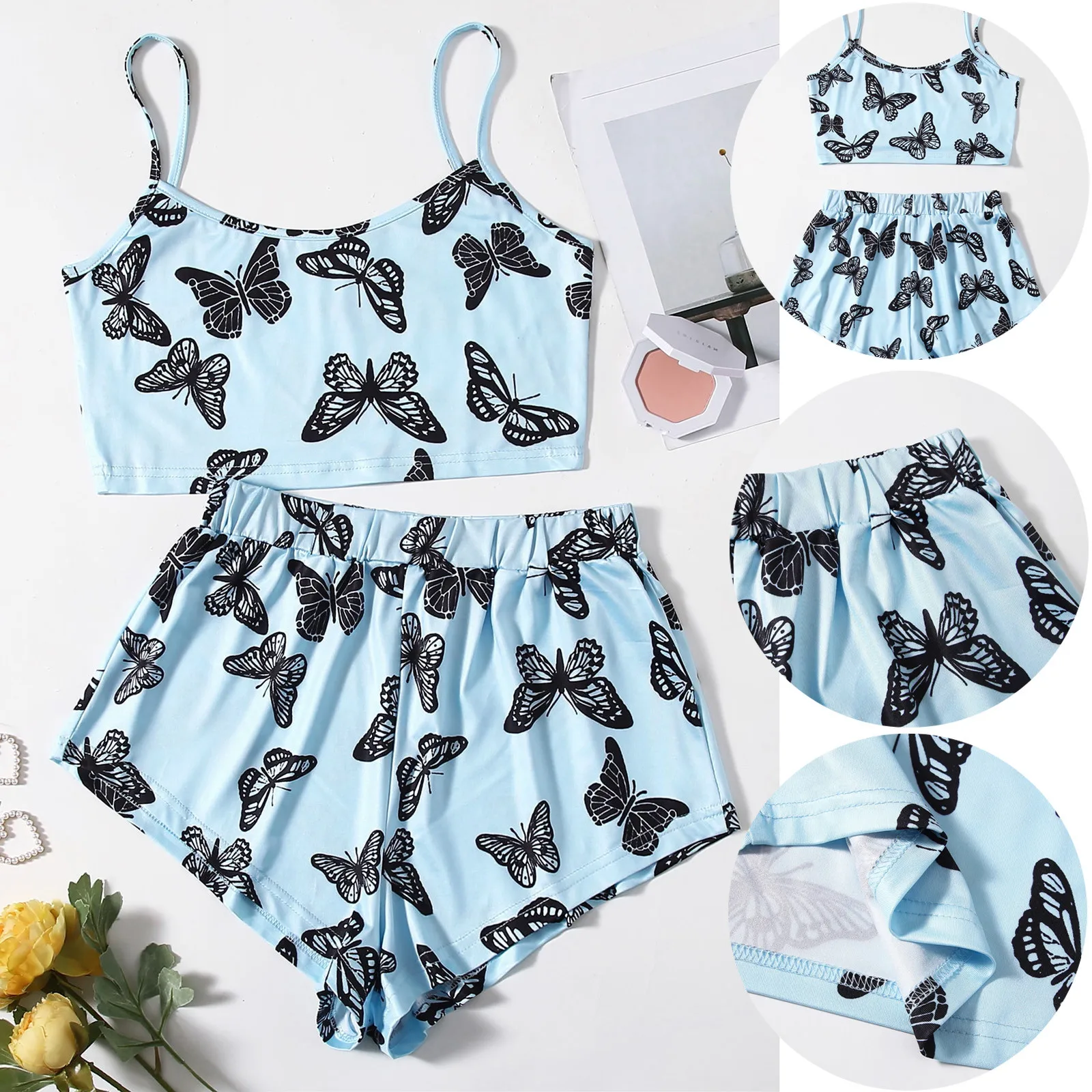 

2pcs Women's Pajamas Fashion Butterfly Print Pajama Sets Sleepwear Women's Home Clothes Pajamas For Women Comfortable Pijama