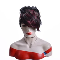 women wine black mixed wig short pixie synthetic wigs for afro women fake hair wig with red side bangs heat resistant fiber