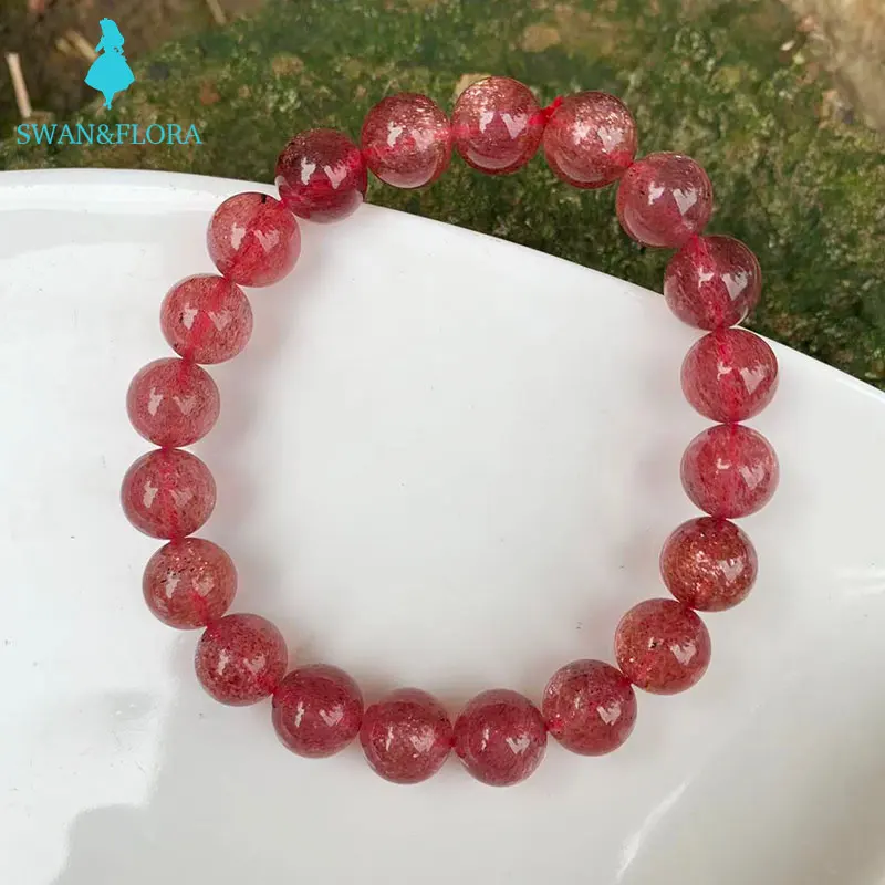

9MM Ice Natural Red Strawberry Quartz Bracelet Genuine Clear Round Beads Crystal Woman Man Gemstone Jewelry Bracelets on hand