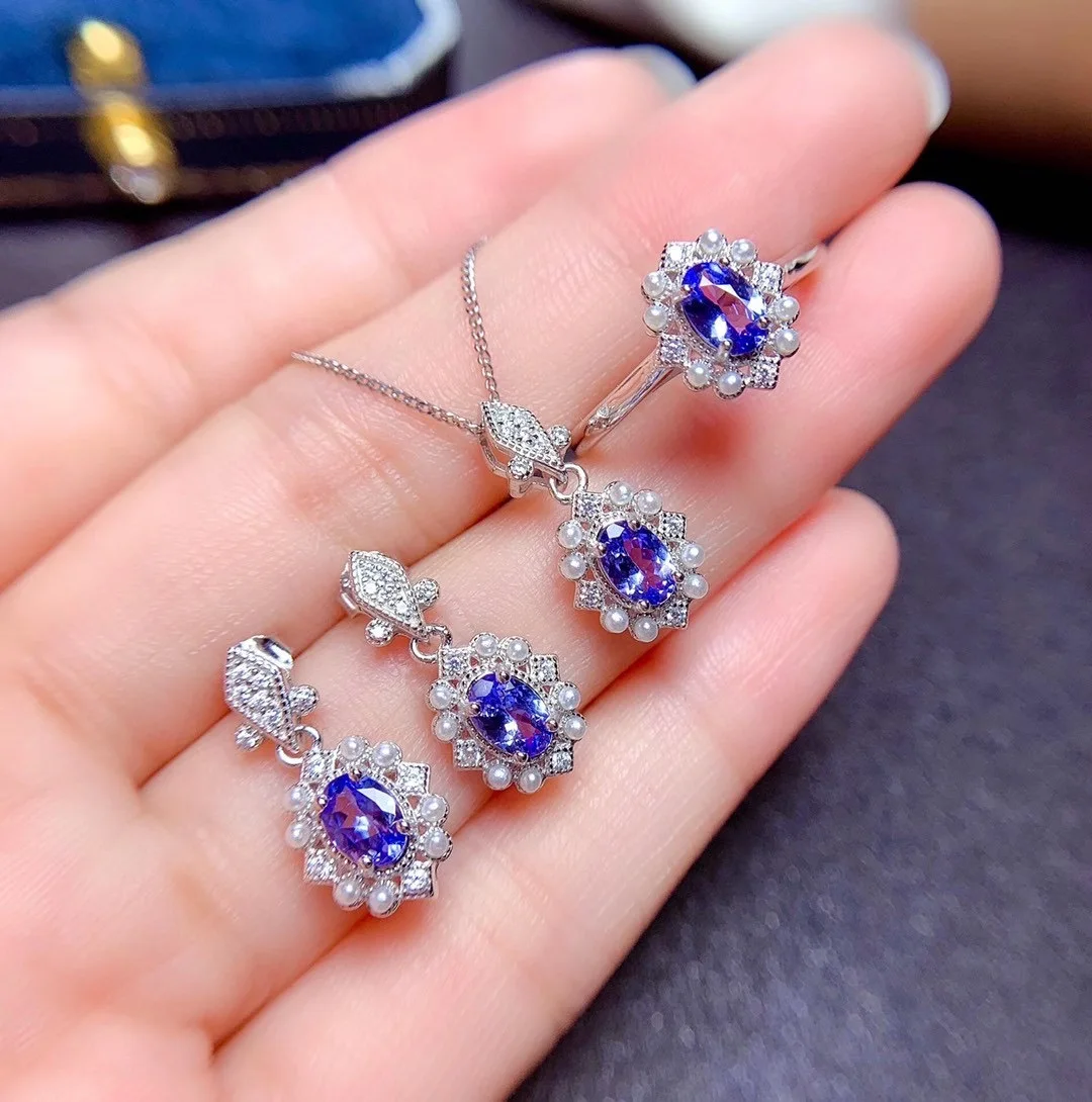 

Columbia natural tanzanite set ring earrings necklace fashionable with new design quality 925 sterling silver set