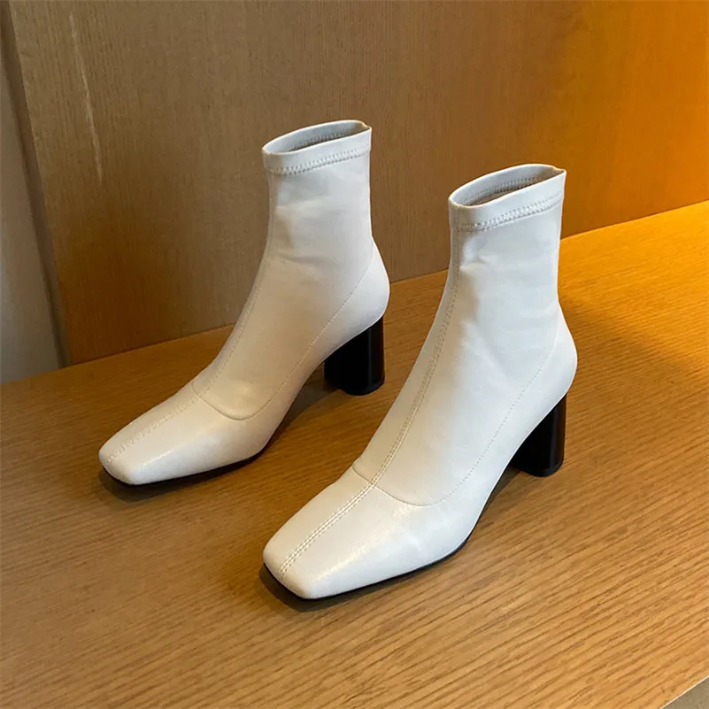 

Meotina Ankle Boots Women Shoes Square Toe Chunky Heels Short Boots High Heel Slip-On Stretch Boots Female Autumn Winter White