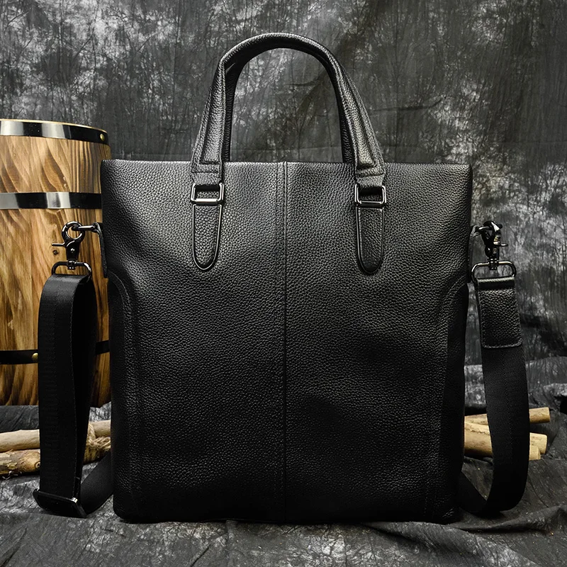 Men's genuine leather tote bag black cow leather A4 business bag Real leather messenger bag 2 use casual bag vertical briefcase