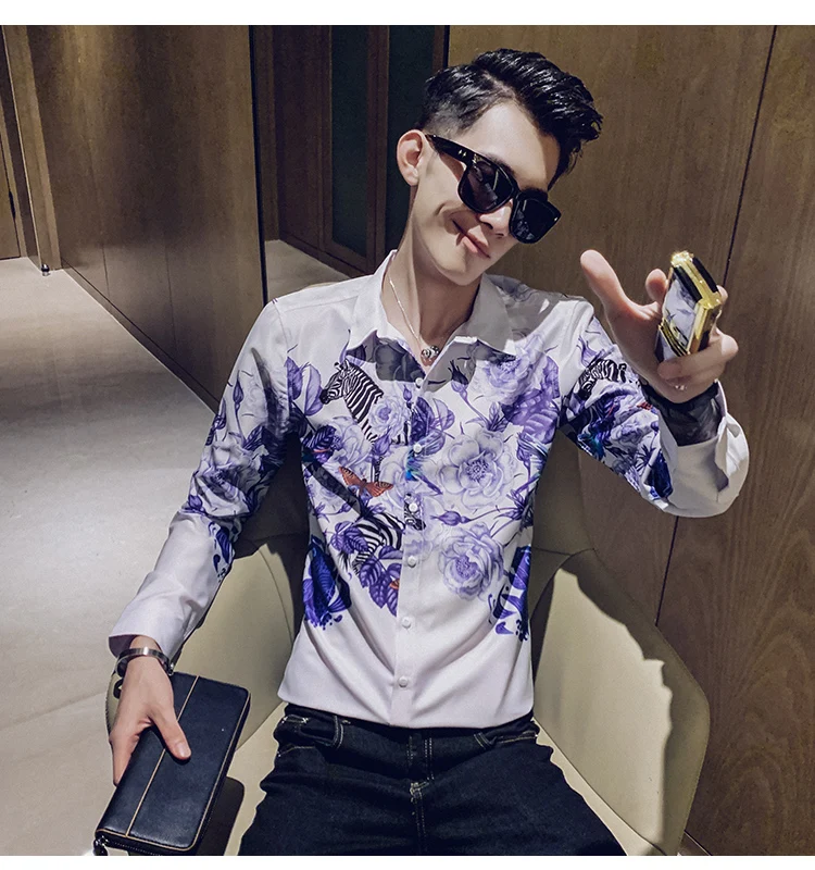Camisa Masculina цифровой принт мужские рубашки с длинным рукавом Осень мужские рубашки с цветочным узором повседневные приталенные рубашки для ночного клуба homme 3XL