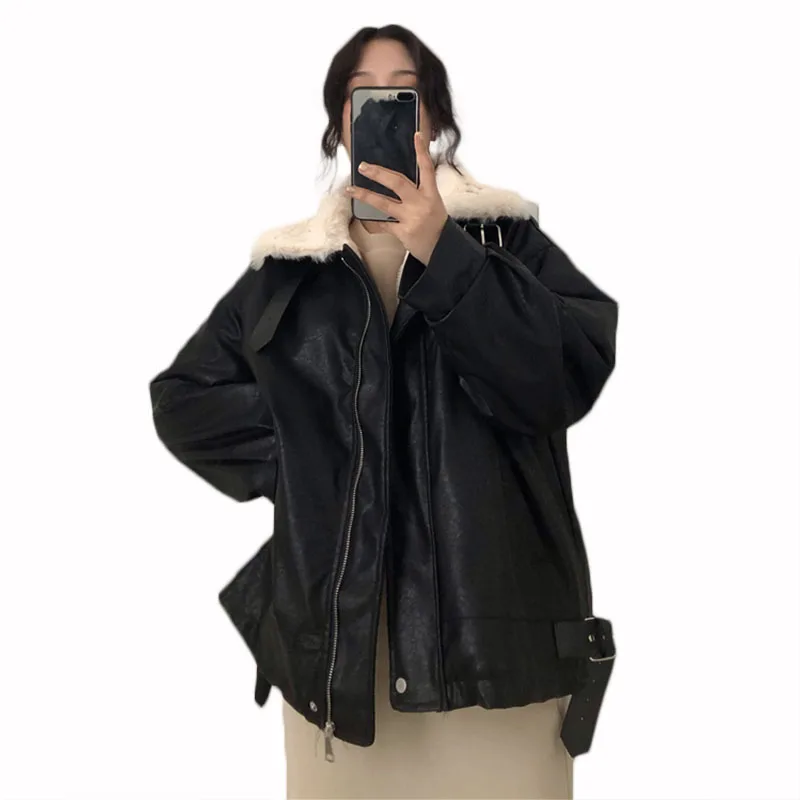 

Plush Padded Leather Jacket Female Autumn And Winter Imitation Lambswool Korean Loose Student PU Leather Outwear Y730
