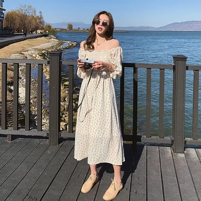 

han Ladies sweet little fresh puff sleeve floral dress summer square neck chiffon long skirt holiday beach dress