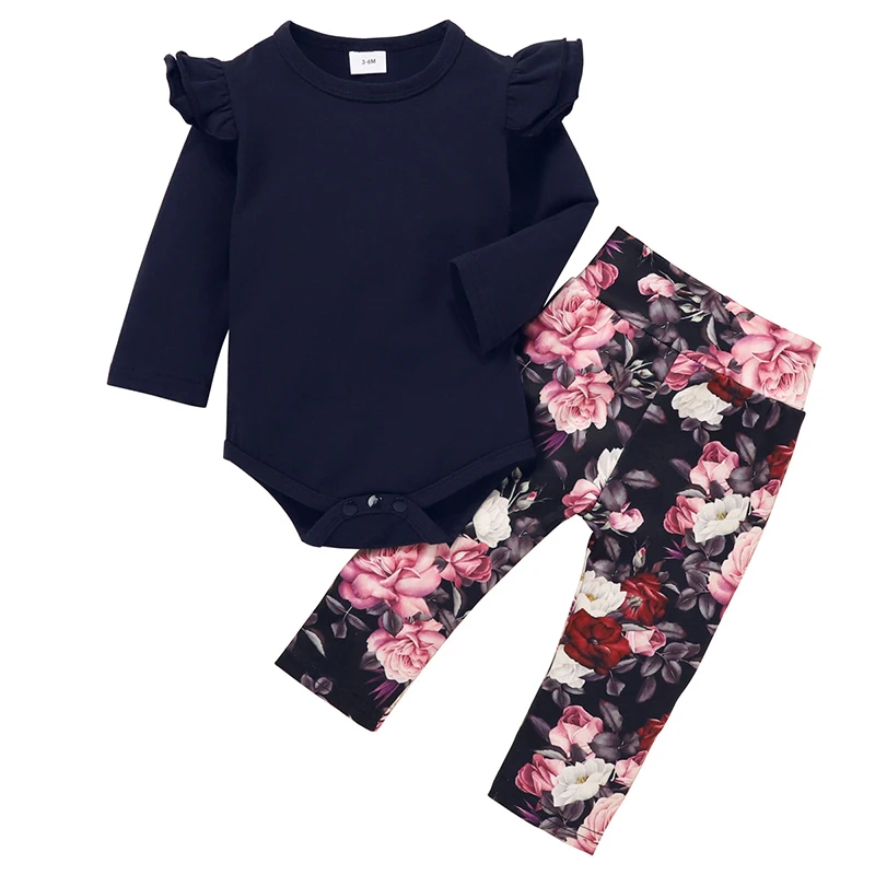 Solid Layered Shoulder Baby Girl Bodysuit Spring Autumn Floral Pants Baby Clothes 2pcs  Long-sleeve Children's Clothing Sets