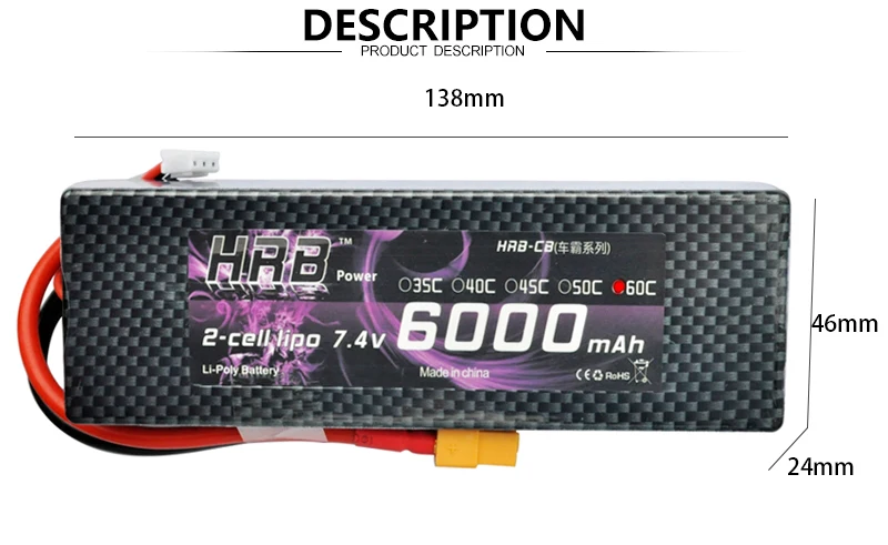 Аккумулятор hrb Lipo 2S 7,4 V 6000mAh 60C XT60 T Deans TRX EC5 XT90 RC части жесткий чехол для Traxxas самолеты автомобили лодки 4x4 1/8 1/10